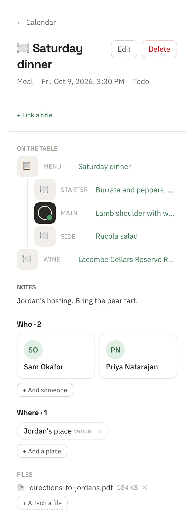 Saturday dinner on the calendar: on the table the menu with burrata and peppers, the lamb shoulder and rucola salad, and the Lacombe Cellars Reserve Red; notes, Sam and Priya as guests, Jordan's place, and a PDF of directions.