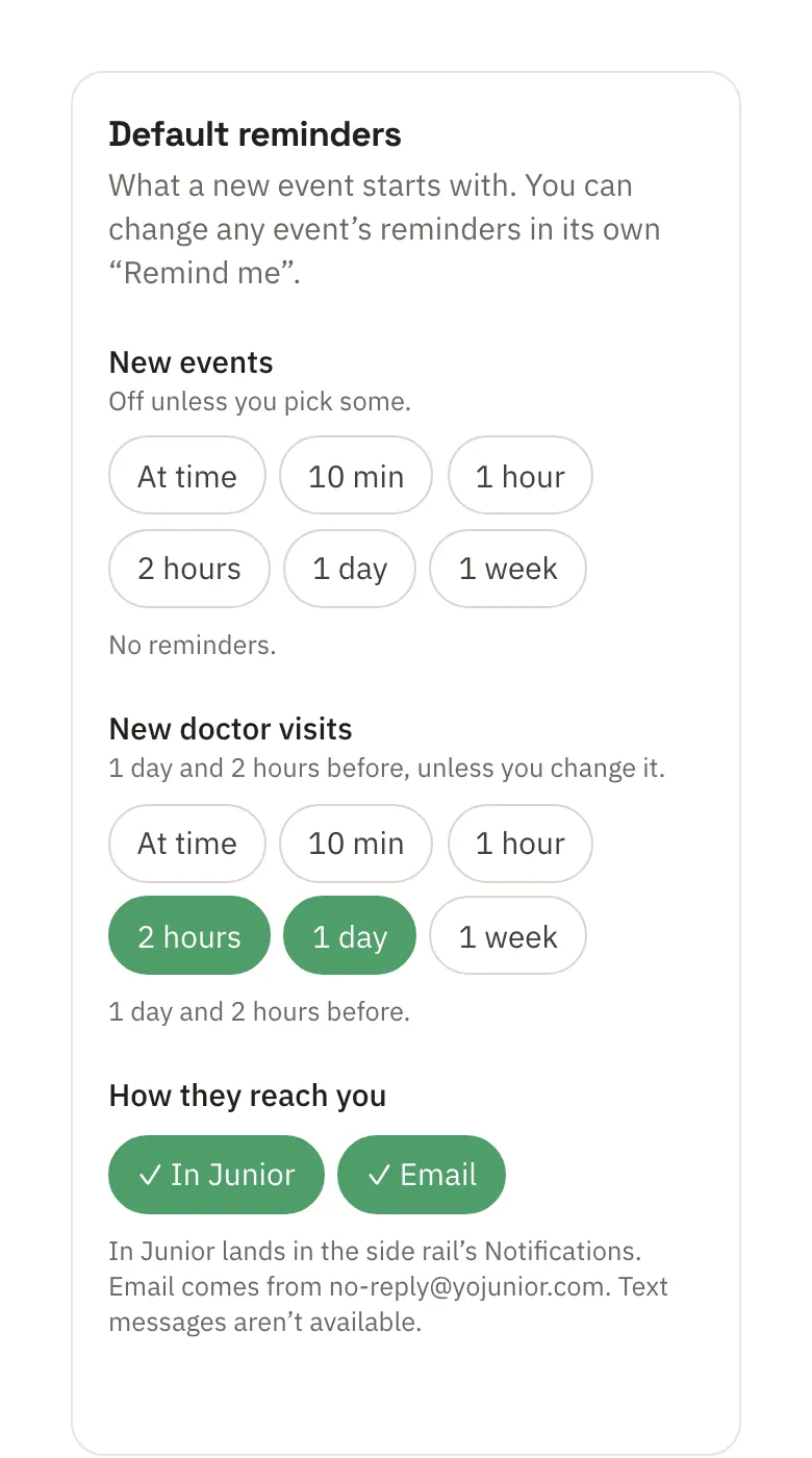 Default reminders: none for new events, a day and two hours before for new doctor visits, and reminders reaching you in Junior and by email.