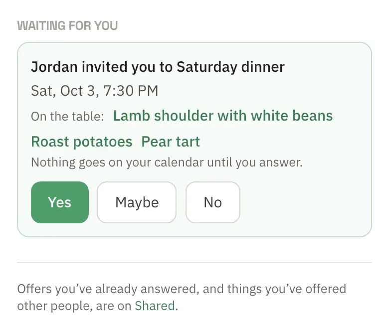 Jordan's invitation to Saturday dinner at 7:30 PM, listing lamb shoulder with white beans, roast potatoes and pear tart, with Yes, Maybe and No buttons and a note that nothing goes on your calendar until you answer.