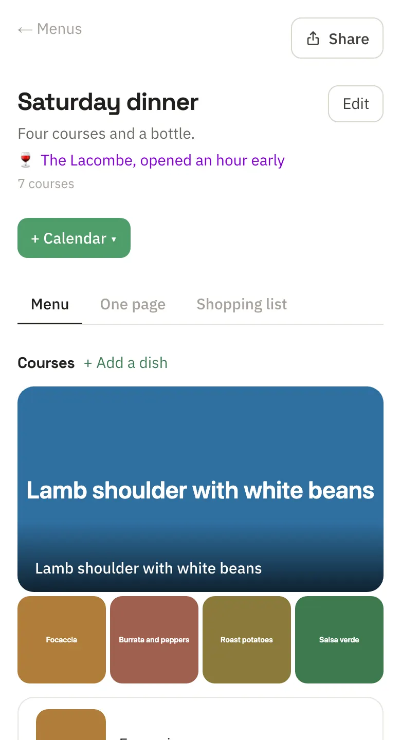 A menu in Junior called Saturday dinner: four courses and a bottle, the Lacombe opened an hour early, with the lamb shoulder pictured large and the other dishes beneath it.