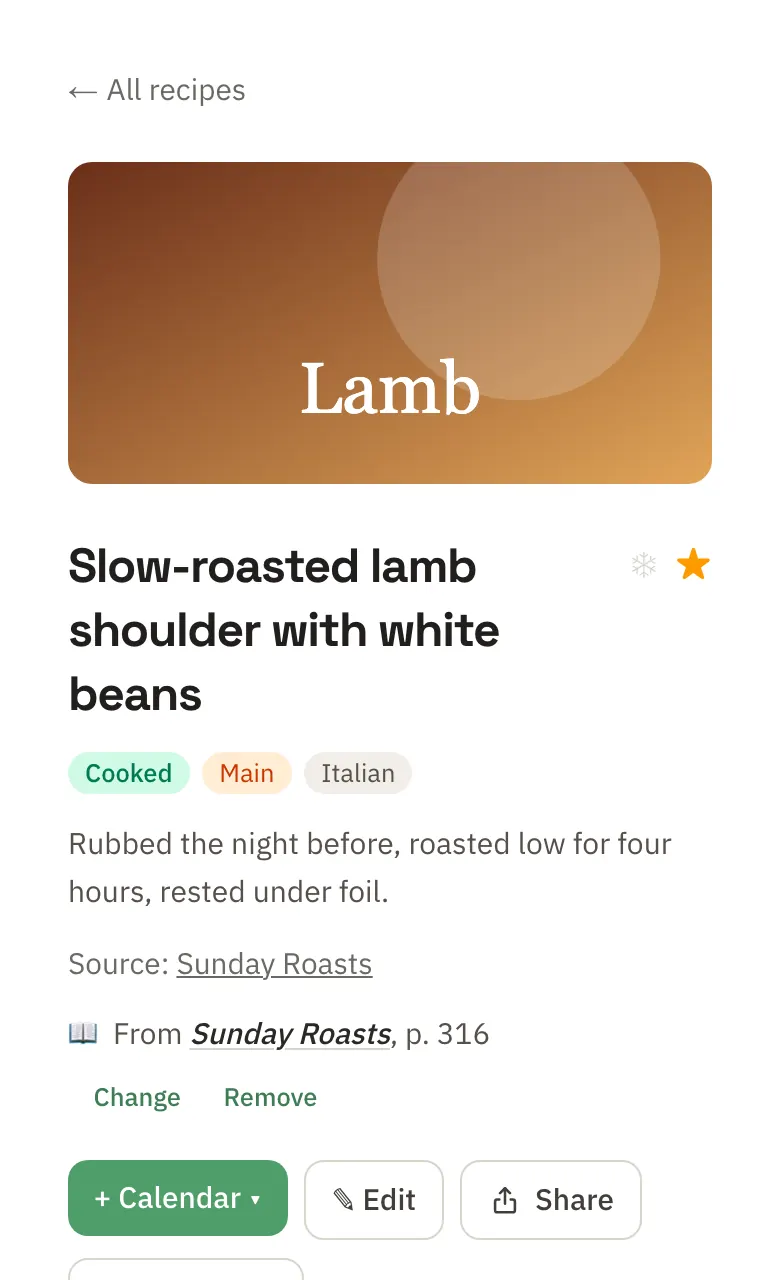 A recipe in Junior: slow-roasted lamb shoulder with white beans, the cookbook and page it came from, and buttons to add it to the calendar, edit or share it.