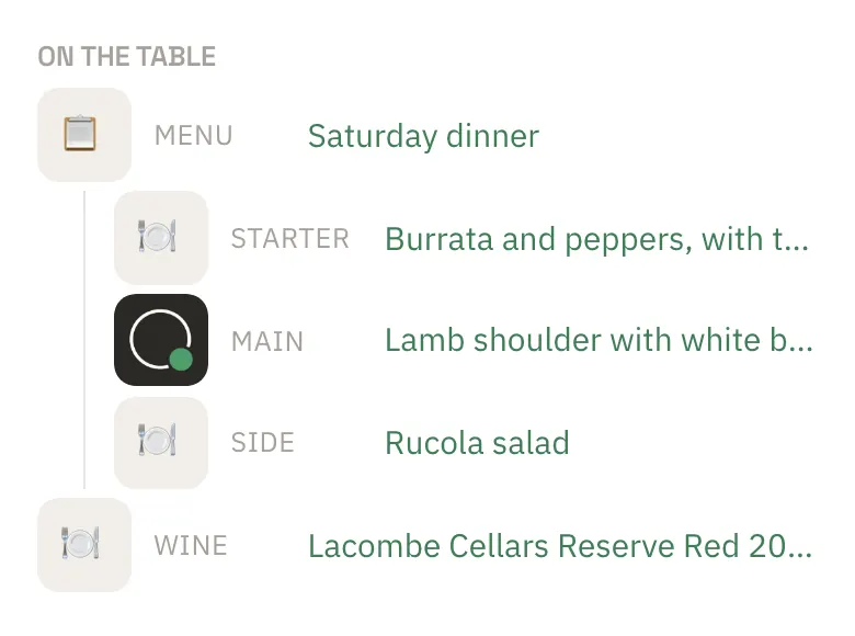 A calendar event's On the table section: the Saturday dinner menu with its starter, the lamb shoulder and a side, and the Lacombe Cellars Reserve Red 2018.