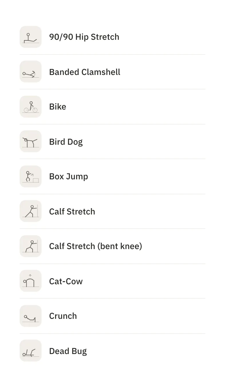 A list of exercises, each with a small line drawing: hip stretch, banded clamshell, bike, bird dog, box jump, calf stretches, cat-cow, crunch and dead bug.