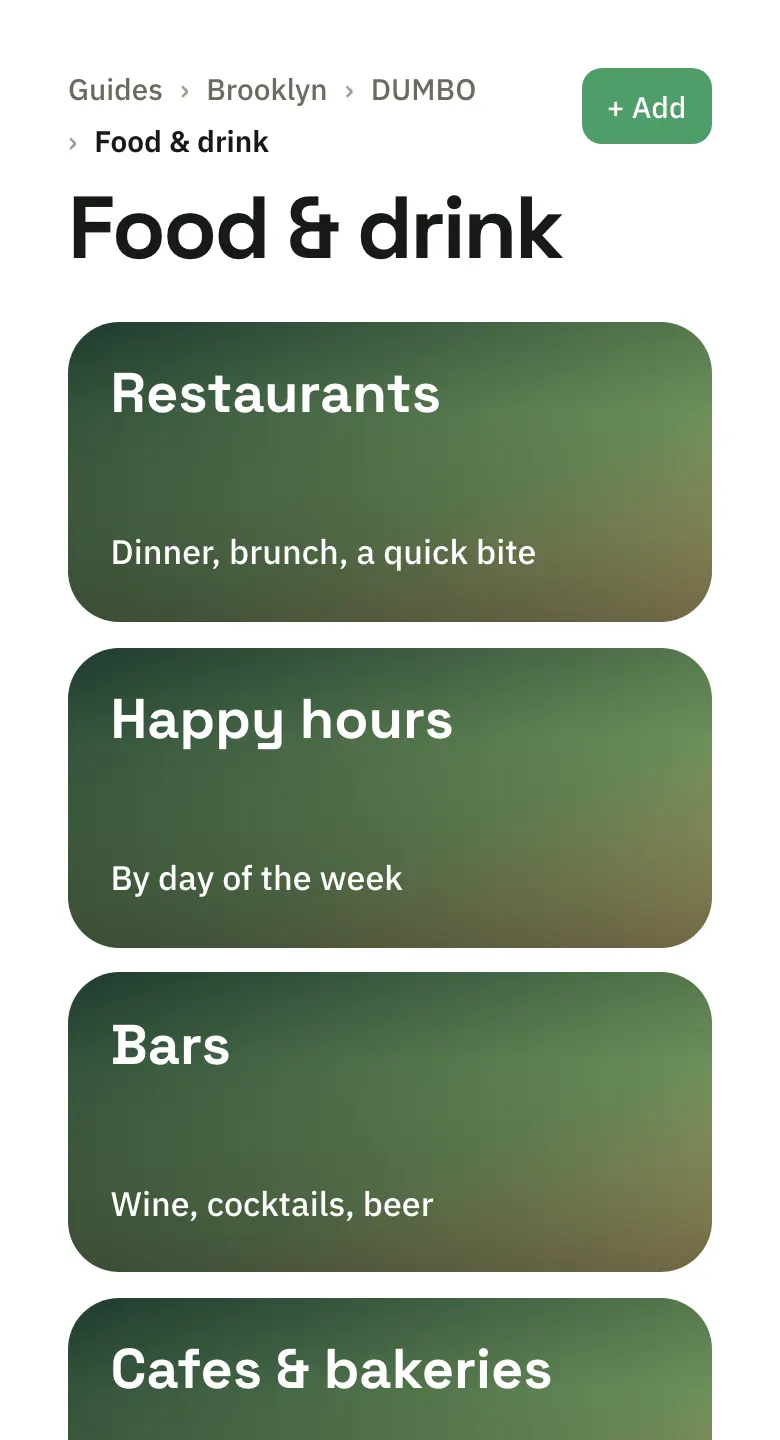 A guide's Food and drink page for DUMBO: Restaurants, Happy hours, Bars and Cafes and bakeries, each with a line on what's in it.