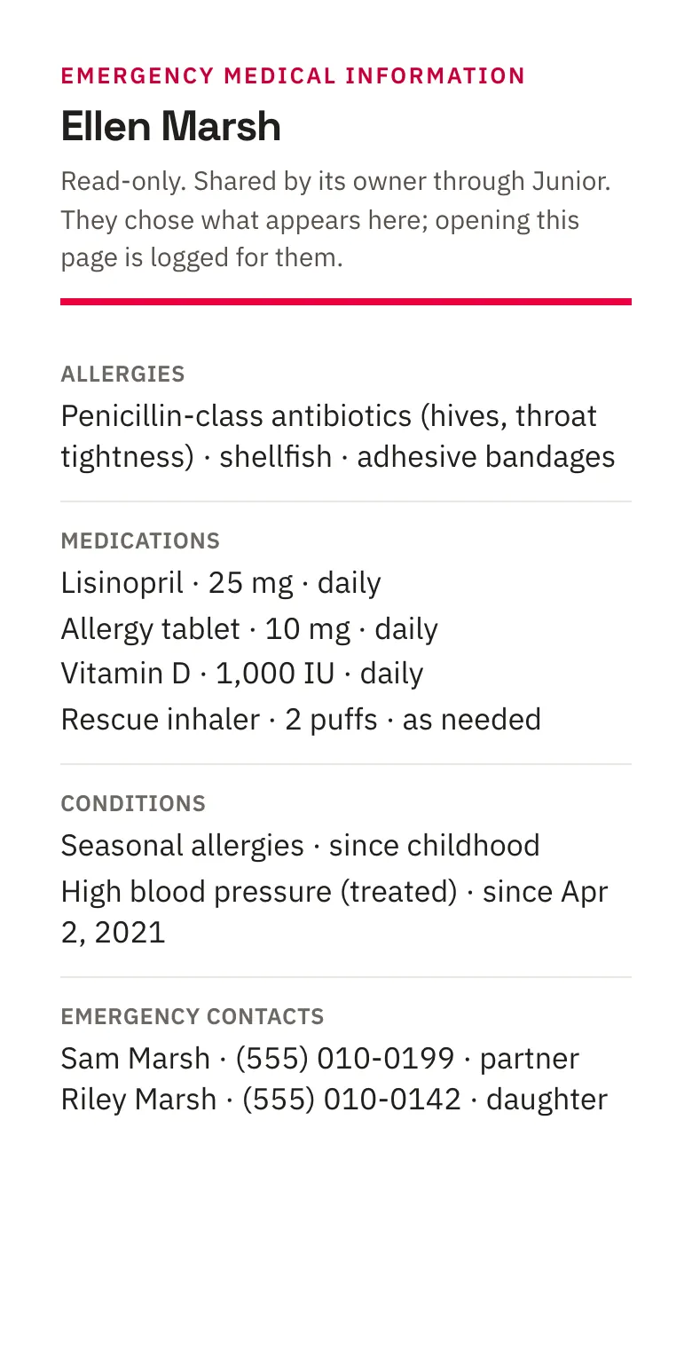 An emergency information page: allergies, medications with doses, conditions and emergency contacts, marked read-only and shared by its owner, with every open logged.