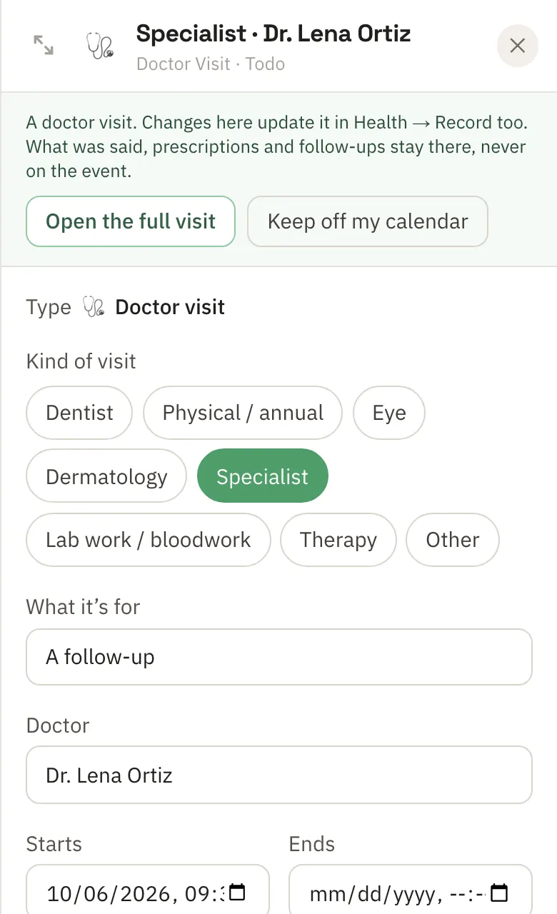 A doctor visit opened from the calendar: Dr. Lena Ortiz, the kind of visit, what it's for, and a note that what was said and prescriptions stay in Health, never on the event.