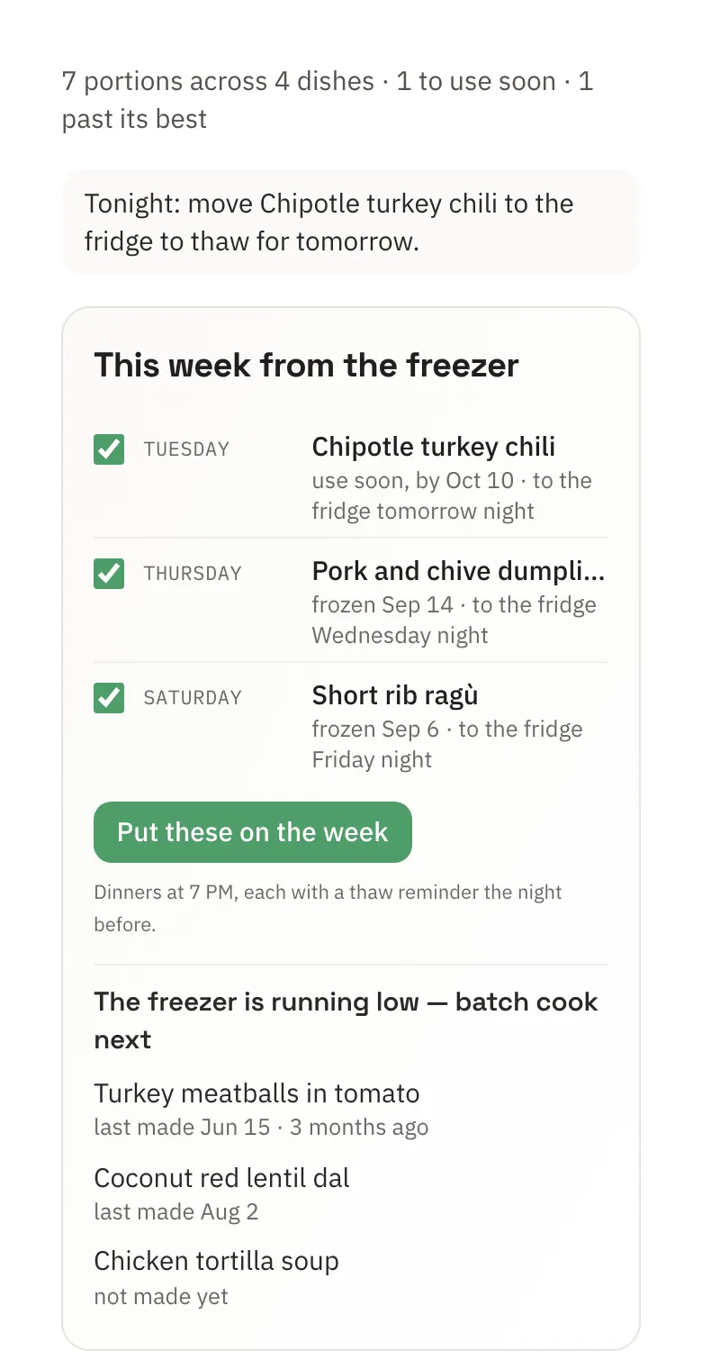 The freezer: seven portions across four dishes, which to use soon, a week of freezer dinners each with a night to move it to the fridge, and each dish's portions with Ate one and Adjust buttons.