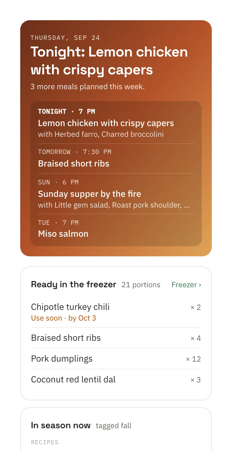 The Kitchen screen: tonight's lemon chicken with crispy capers, the next meals this week, and what's ready in the freezer with how many portions of each.