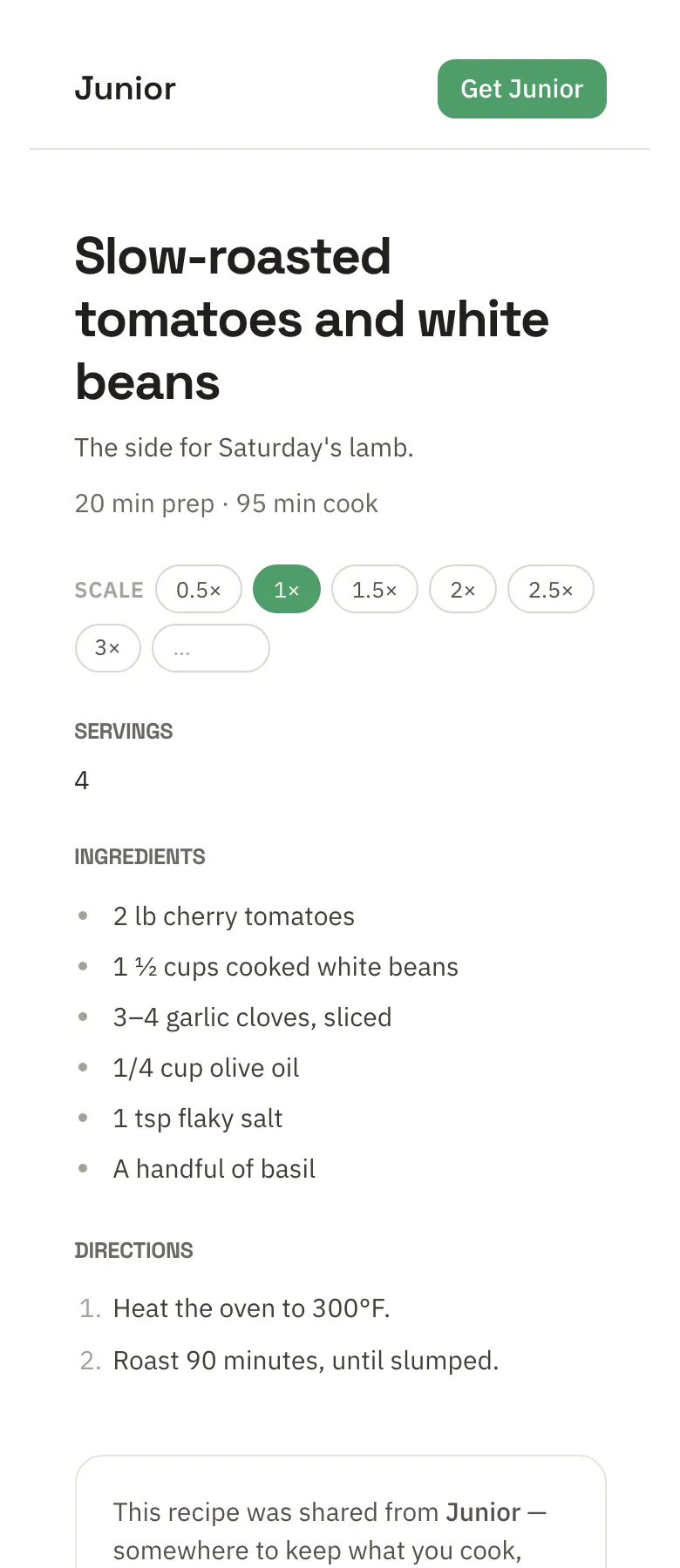 A recipe opened from a shared link: slow-roasted tomatoes and white beans, prep and cook time, scale buttons from half to triple, ingredients and directions.