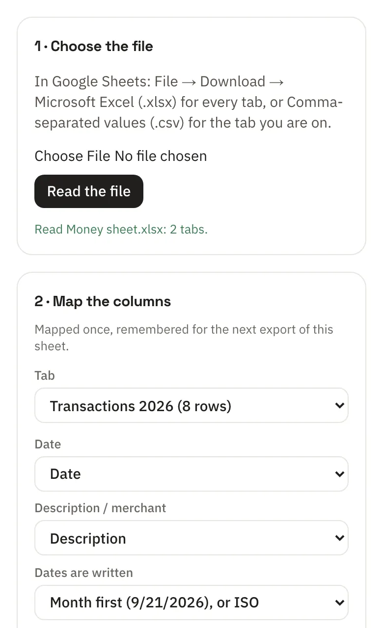 Importing a spreadsheet into Money: the columns mapped from the header row, a preview counting the rows, dates and money in and out, and the one row that couldn't be read, with why.