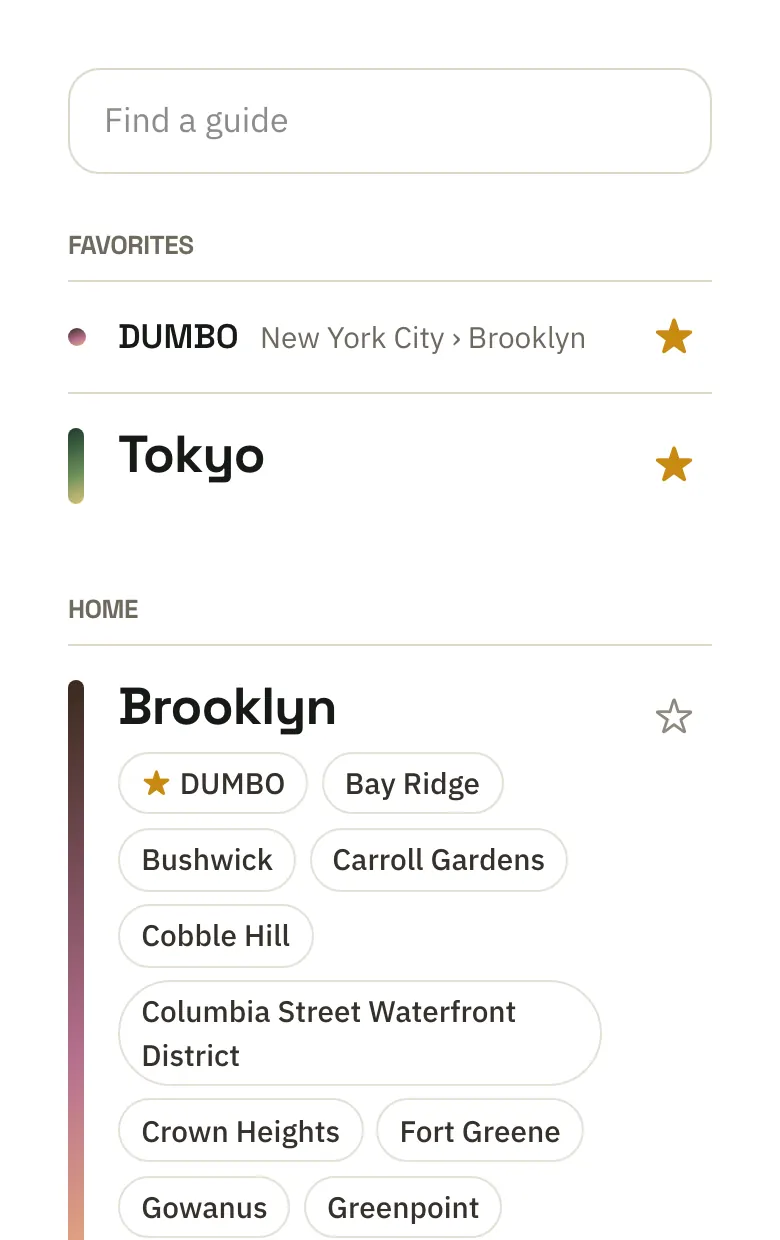 The guides index: favorites at the top, then home city neighborhoods and cities abroad.