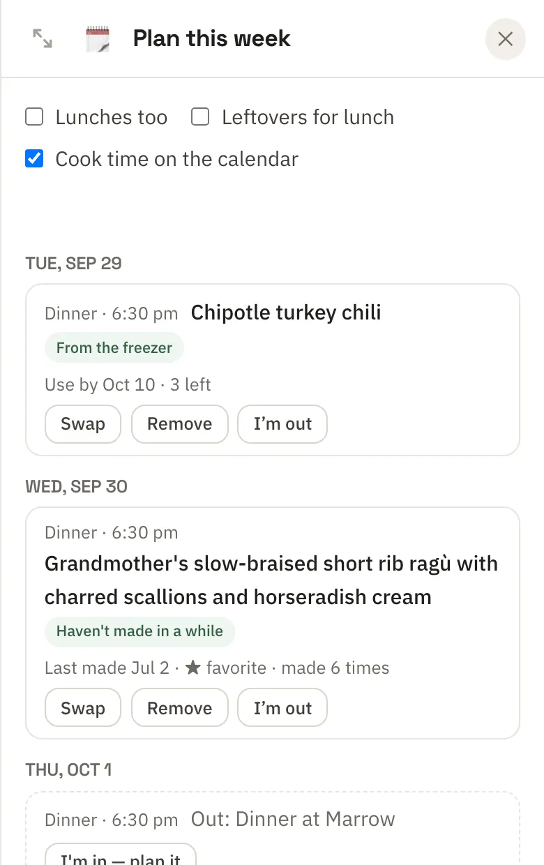 Plan this week: dinners for each night, one from the freezer and one not made in a while, with an Add to calendar button.