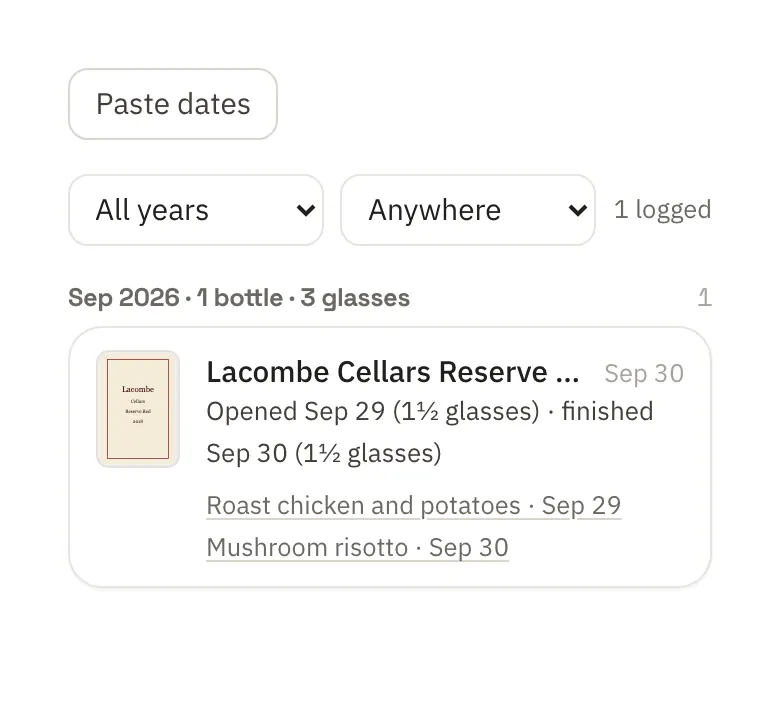 The Drank list for September: one bottle and 3 glasses, Lacombe Cellars Reserve Red opened Sep 29 with 1½ glasses and finished Sep 30 with 1½, linked to roast chicken on the 29th and mushroom risotto on the 30th.