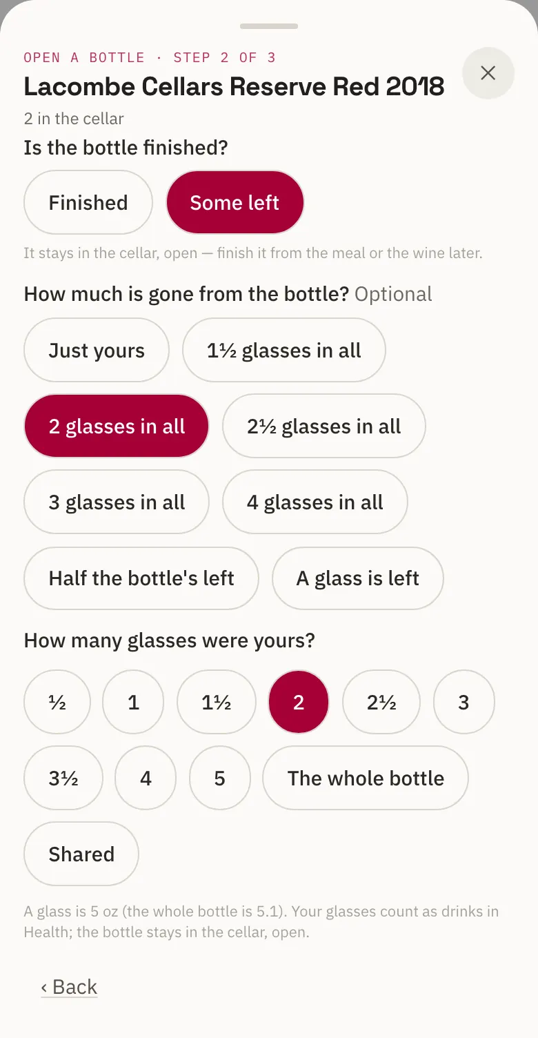 Opening a bottle of Lacombe Cellars Reserve Red 2018 with a meal: Some left chosen, 2 glasses in all gone from the bottle, and the choice of how many glasses were yours, in half glasses.