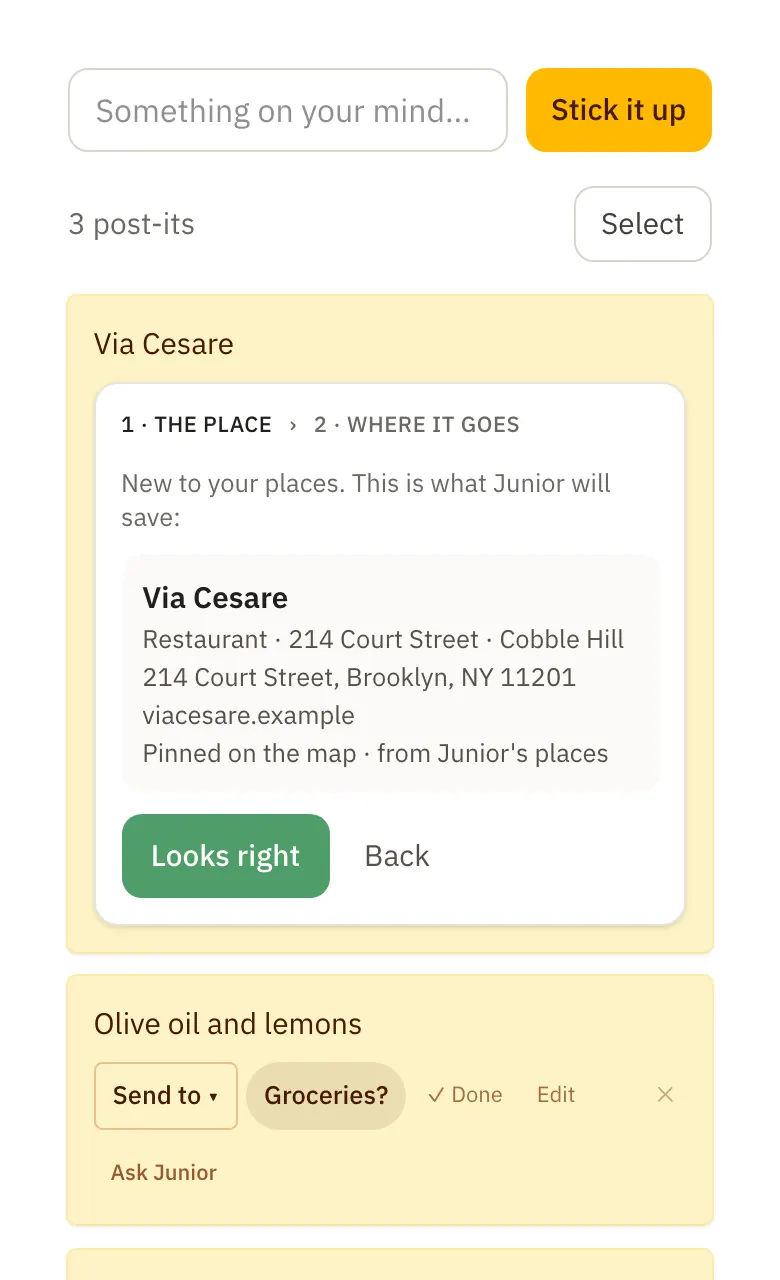 The card Junior found: Via Cesare, a restaurant at 214 Court Street in Cobble Hill, with its full address, website and map pin, and the buttons Looks right and Back.