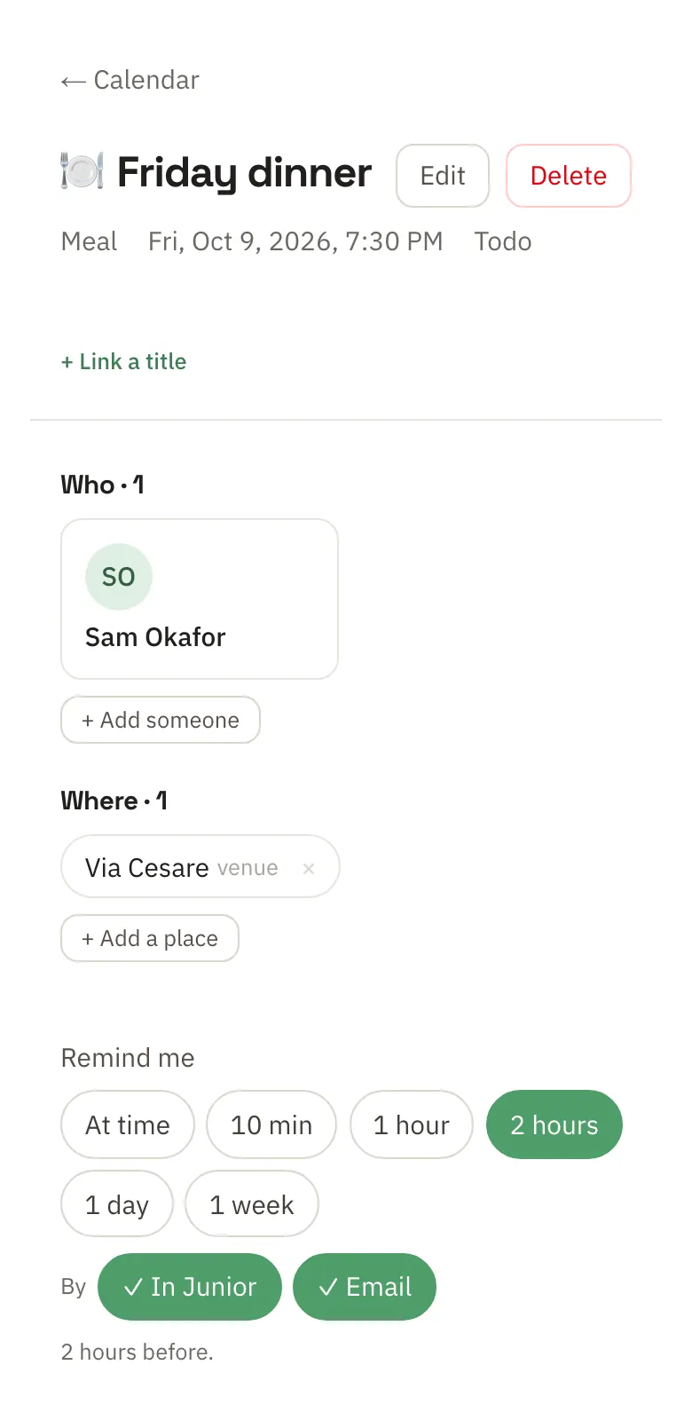 Friday dinner on the calendar at 7:30, with Sam Okafor and Via Cesare attached, and Remind me set to 2 hours before, in Junior and by email.