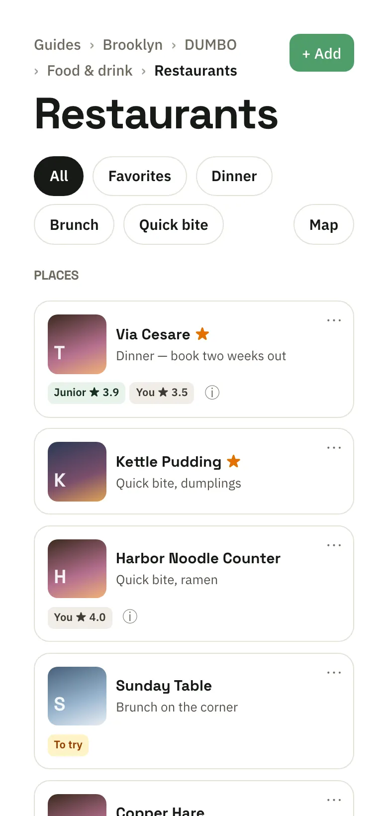 A guide's Restaurants page with Via Cesare among the places kept there, each with its kind, neighborhood and ratings.