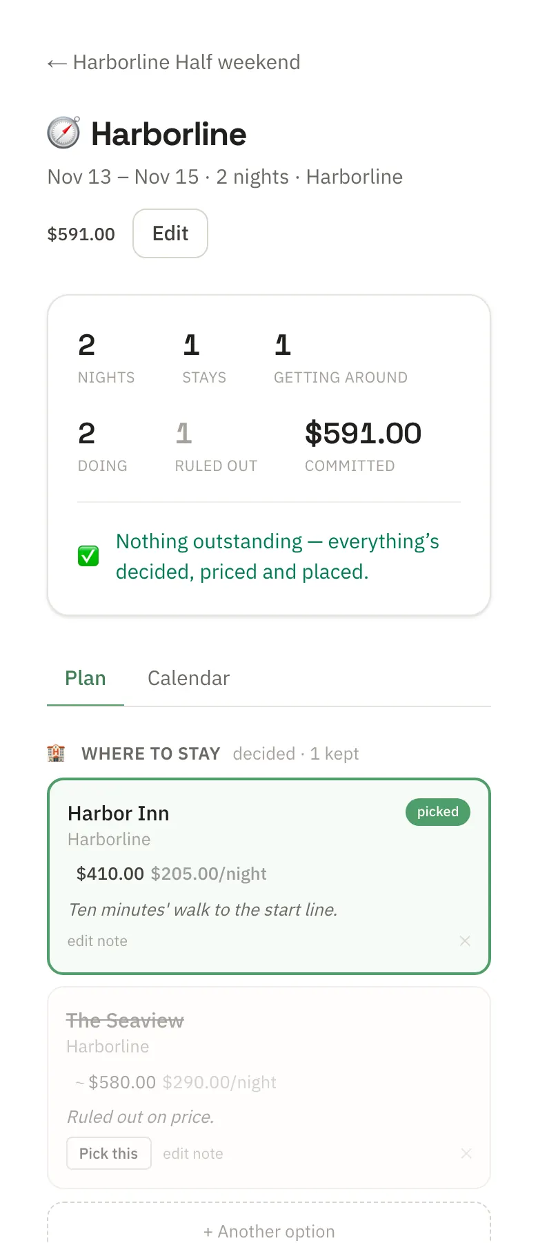 The Harborline leg of the race weekend: two nights, Harbor Inn picked at $205 a night, The Seaview ruled out on price, the Friday train picked, and $591 committed.