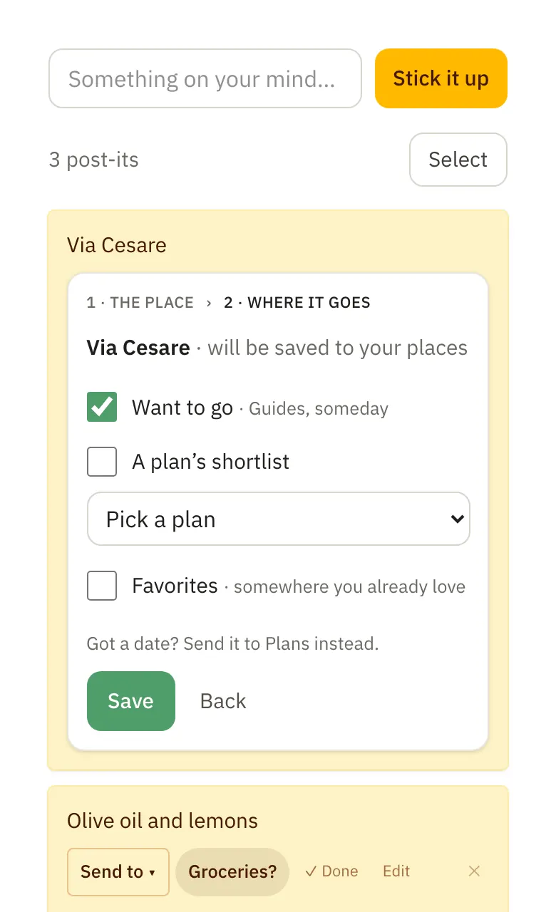 Where Via Cesare goes: Want to go is ticked, with a plan's shortlist and Favorites as the other choices, and a Save button.