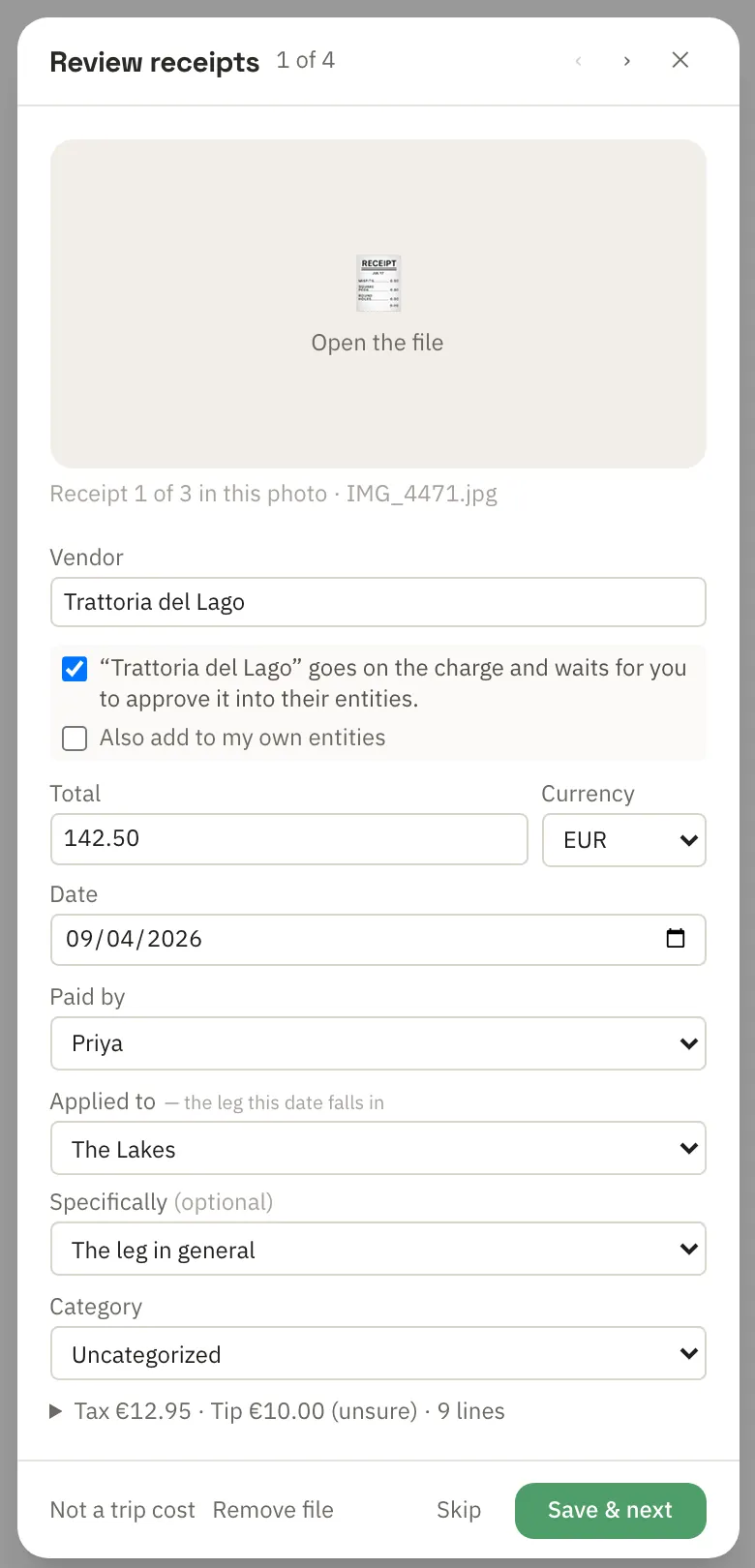 Reviewing a receipt read from a photo: Trattoria del Lago, 142.50 euros on Sep 4, paid by Priya, applied to the Lakes leg, with tax and tip noted, and Save and next.