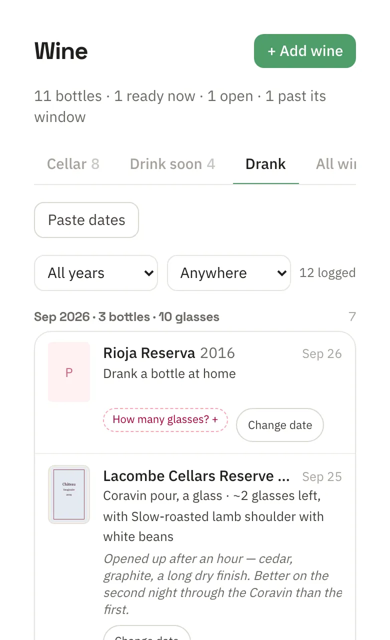 The Drank list: bottles grouped by month, each with where and when it was opened, the meal it went with, and how many glasses.