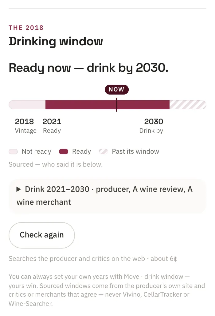 A wine's drinking window as a timeline from 2021 to 2030 with today marked, labeled Ready now, drink by 2030, and the producer, a critic and a merchant listed as its sources.